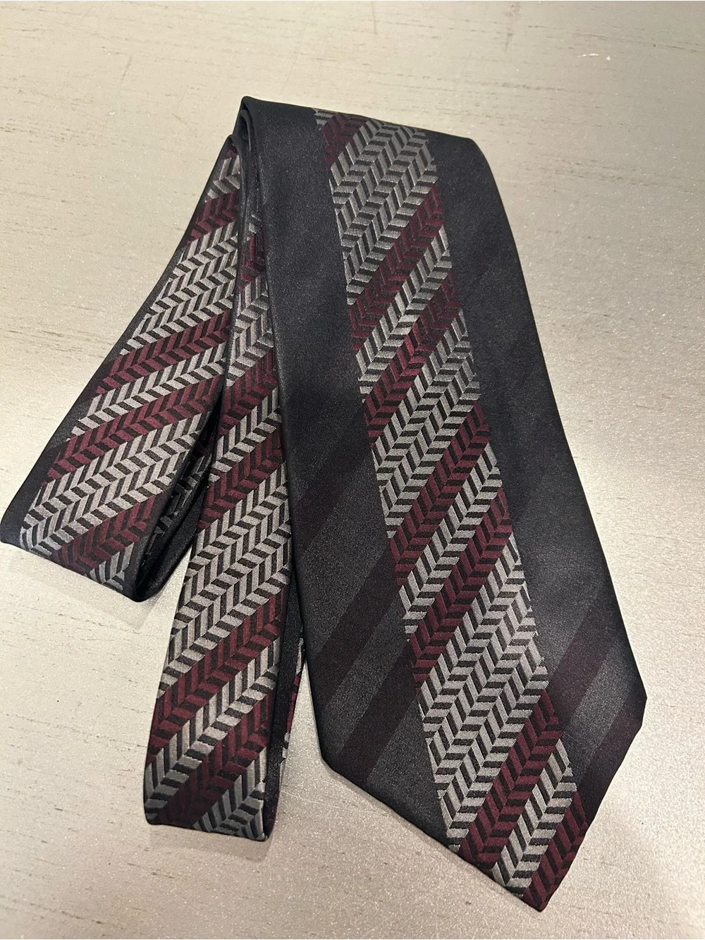 Giorgio Armani Black Tie with Burgundy & Gray Chevron Stripes